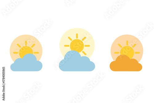 Set of sun and cloud weather icons with various color schemes