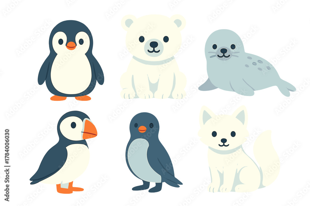 Obraz premium Cute arctic and antarctic animal characters set including penguin, polar bear, seal, and fox