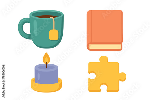 Set of simple icons for cozy relaxation activities like reading and tea
