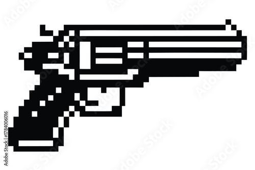 Pixelated black revolver firearm with white accents is depicted in a clear vector
