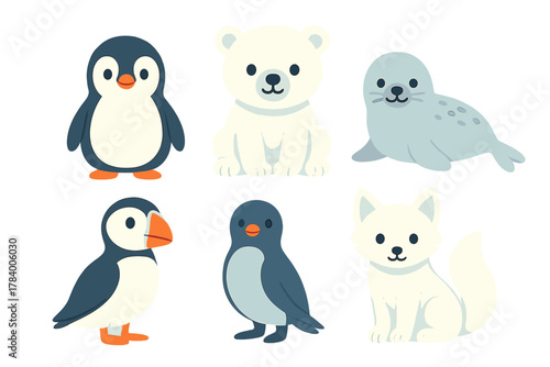 Cute arctic and antarctic animal characters set including penguin, polar bear, seal, and fox
