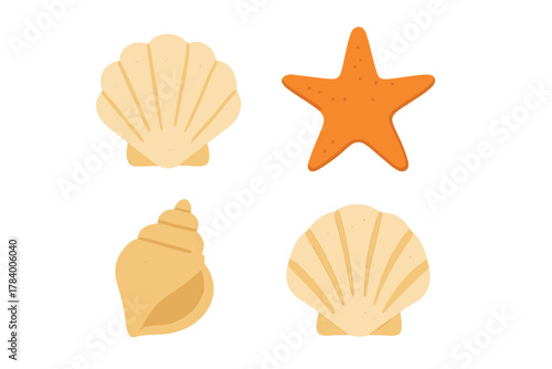 Seashells and starfish icons collection on white background