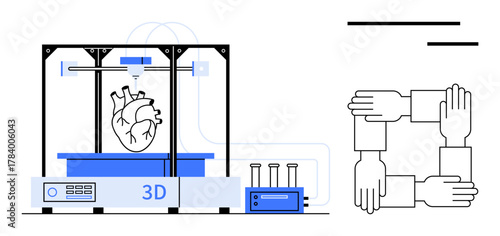 3D printer creating a human heart model with a teamwork symbol of interlocked hands. Ideal for innovation, healthcare, collaboration, technology, future, science, teamwork. Simple flat metaphor