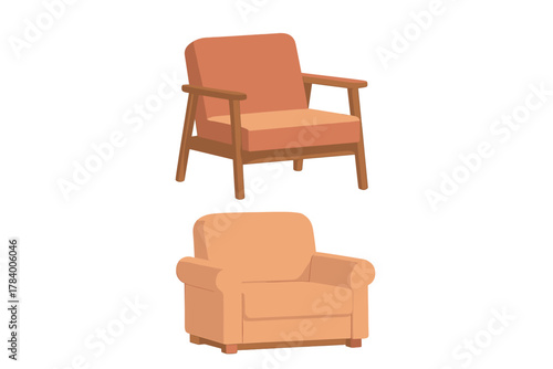 Two styles of orange upholstered armchair furniture isolated on white background