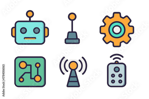 Set of technology and automation icons including robot head, gear, and antenna