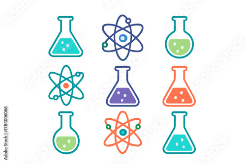 Colorful chemistry and physics icons set with laboratory flasks and atomic models