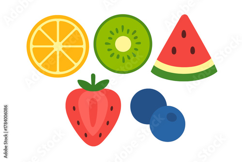 Colorful icons of assorted fresh sliced and whole fruit pieces