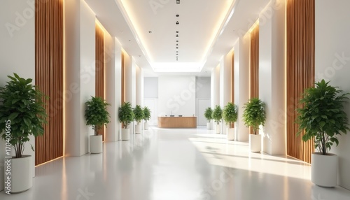 Modern minimalist lobby with white walls and warm wood paneling. Plants in pots line a wide white floor. A reception desk sits at the end of the hallway.