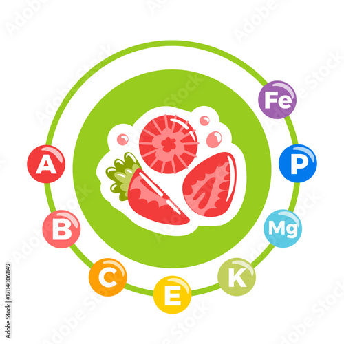 Strawberries highlighting their vitamins and minerals, with bright, glossy fruit shapes, fresh green leaves, and subtle nutritional icons, designed as a clean vector illustration.