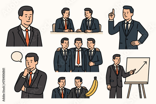 Diverse business professionals in various poses and scenarios illustrating teamwork and success