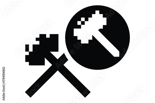 Pixelated hammer and sickle represent simple communist imagery in bold black and white style