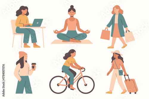 Diverse women engaged in various daily activities like working meditating shopping and commuting