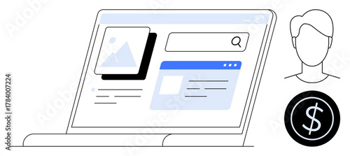 Laptop screen showcasing digital content, search bar, and user profile accompanied by a dollar sign. Ideal for web design, digital marketing, user interface, content creation, online business