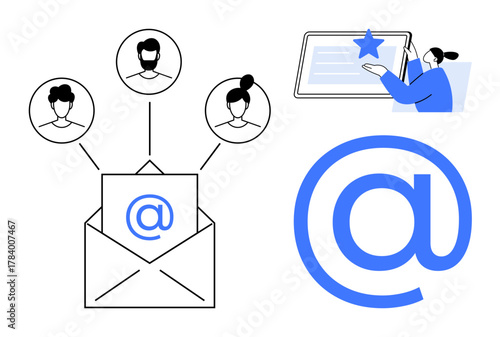 Open envelope sending email symbol to user profiles, large email sign, person interacting with screen. Ideal for communication, networking, collaboration, digital messaging, user connection