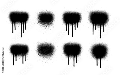 Grunge black spray paint drips and splatters collection on white background