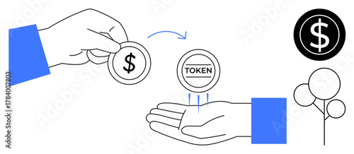 Hand offering money in exchange for a token iconizing financial exchange, tokenization, or blockchain. Ideal for cryptocurrency, fintech, digital trade, online security, decentralized finance