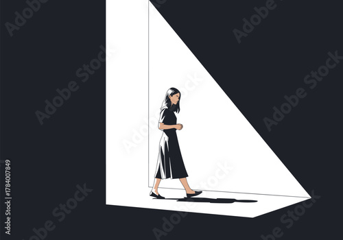 Monochrome minimalist scene of a woman in light and shadow contrast