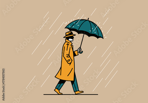 Rainy day walk: man in trench coat and umbrella in minimalist style