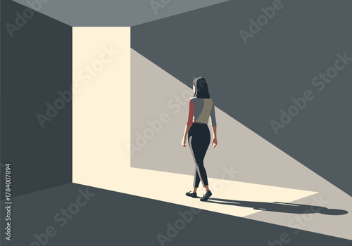 Woman walking into light filled room with dramatic shadows in minimalist style
