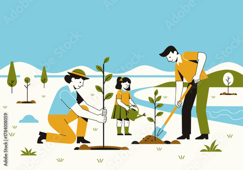 Family planting trees together in a scenic landscape