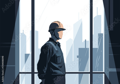 Silhouette of construction worker overlooking cityscape through glass window
