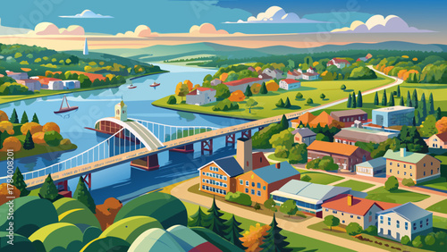 Very beautiful aerial panoramic view of the Merrimack River and Tyngsboro Bridge in downtown Tyngsborough, Massachusetts, USA, featuring calm river waters, bridge architecture, surrounding greenery, a