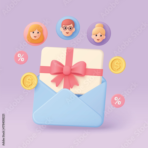 Gift envelope with ribbon, coins, percent signs, and user avatars represents referral program rewards, perfect for marketing, loyalty, and business promotion concepts vector illustration