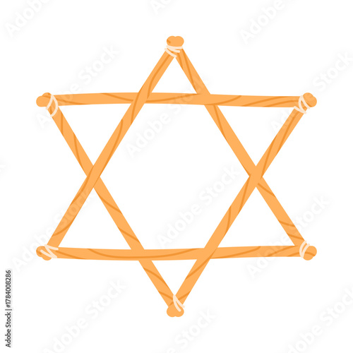 Wooden Star of David made from sticks tied with string. Jewish symbol, traditional six-pointed star handmade craft. Magen David. Flat vector illustration isolated on white background.
