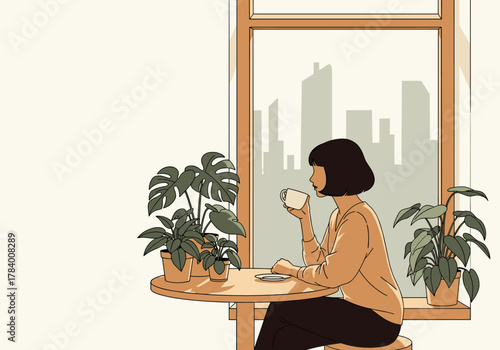 Woman sipping coffee by window with cityscape view in cozy minimalist setting