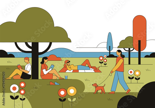 Colorful flat design park scene with people relaxing and walking dog