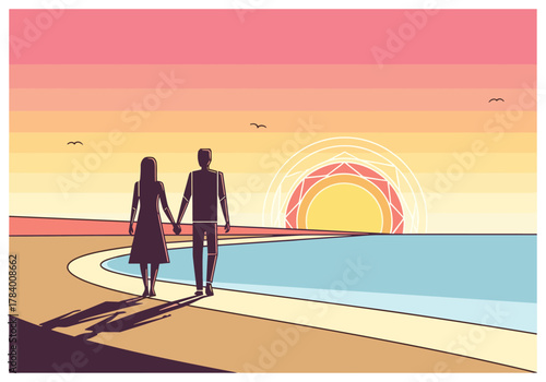 Romantic sunset walk by the beach: silhouette couple holding hands on a colorful horizon