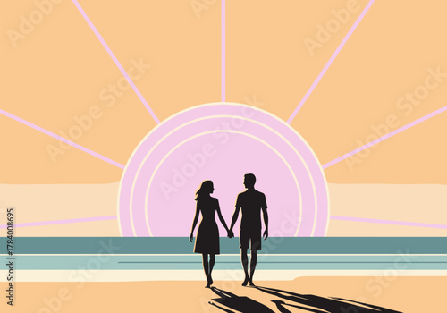 Romantic beach sunset silhouette of couple holding hands with pastel sky