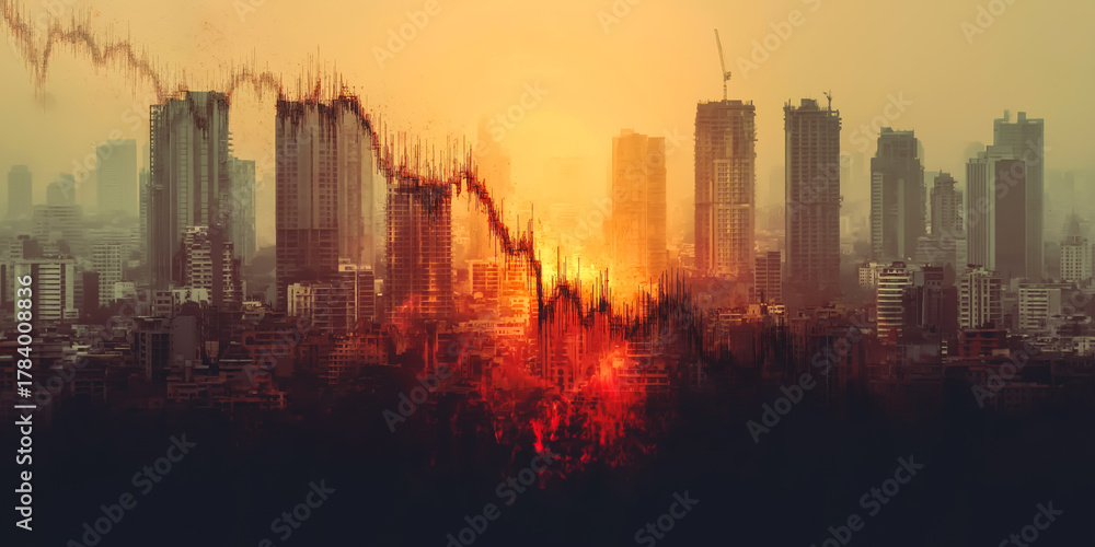 Fototapeta premium 都市の夜景に落ちる赤いチャート・不況を示す背景