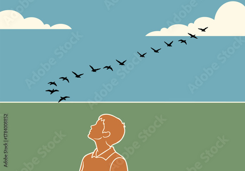 Serene contemplation under migrating birds in minimalist art scene