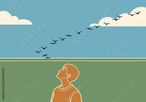 Contemplative youth under sky with birds