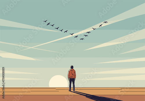 Lone figure watching birds at sunset in a serene minimalist landscape
