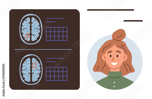 Brain scan images with highlighted areas and grid charts alongside smiling woman portrait. Ideal for healthcare, neurology, psychology, cognitive science, diagnostics, wellbeing, and technology