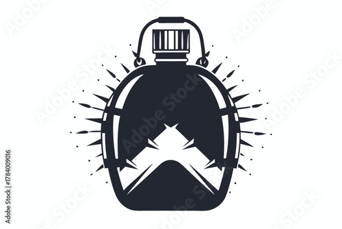 Water canteen displays a peak inside with decorative spears around it