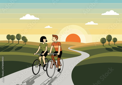 Couple cycling at sunrise: retro style adventure on scenic road with vibrant colors