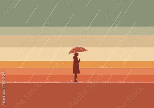Silhouette of person with umbrella in minimalist rainy landscape
