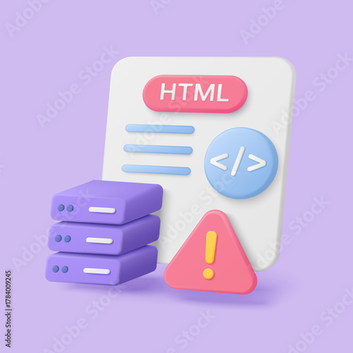 Modern 3d render showing HTML code, server stack, and warning symbol for technical SEO, website optimization, and error troubleshooting on isolated background vector illustration