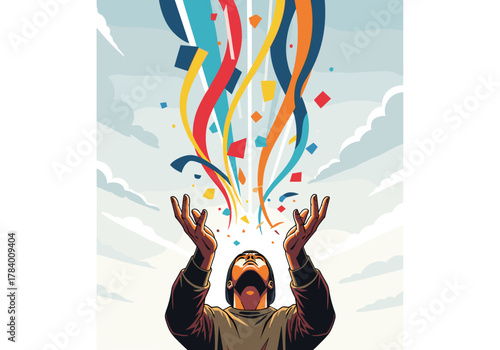 Dynamic celebration with colorful ribbons flowing from outstretched hands