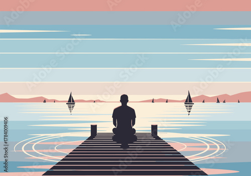 Peaceful sunset by the lake with silhouette of person meditating on a dock