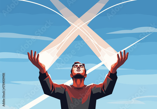 Empowered man embracing light in dramatic sky with dynamic rays