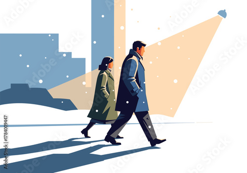 Stylish urban winter scene with walking couple under streetlight