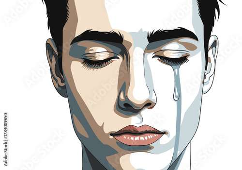 Minimalist close-up of a pensive face with tear in pop art style