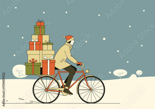 Minimalist winter scene: person cycling with gift boxes in snowy landscape