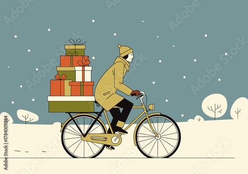 Winter gift delivery by bicycle: urban christmas scene in minimalist style
