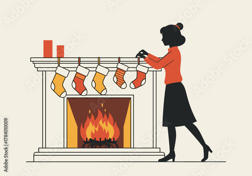 Cozy fireplace scene with woman decorating christmas stockings in flat design