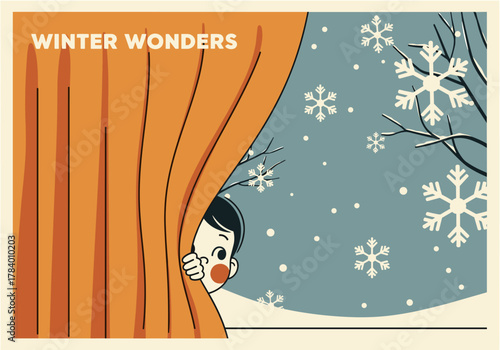 Charming retro scene of child peeking through curtain with snowflakes in winter wonderland